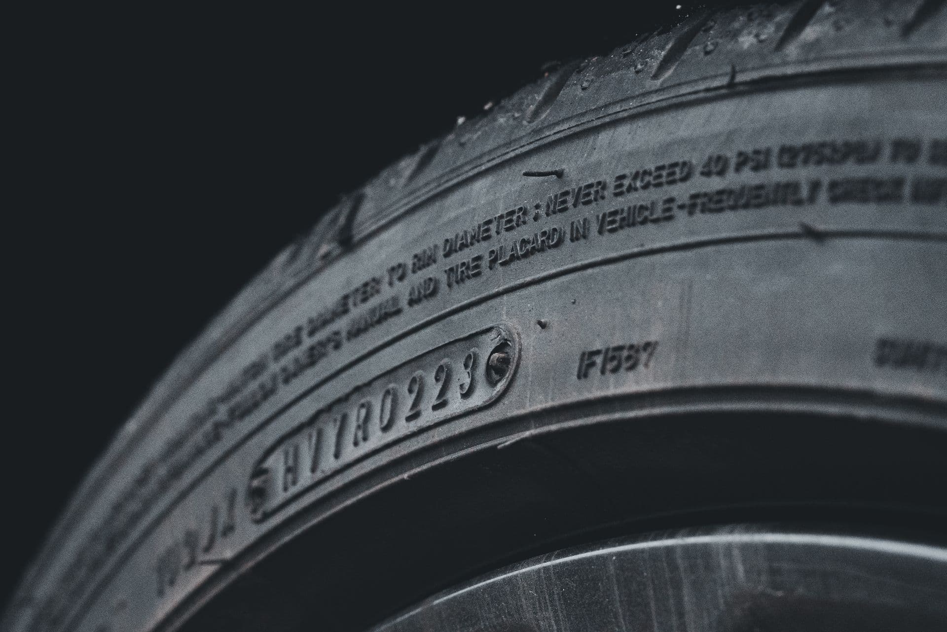 Detailed close-up of a tire sidewall and tread